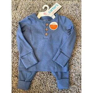 Carter’s Boys Ribbed 2-Piece Henley Set – Blue Pants & Top.  Newborn. New!